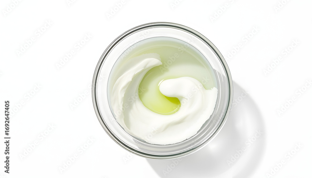 Fototapeta premium Bowl of chemical peel and brush isolated on white, top view. Peeling procedure, studio lighting. White tone