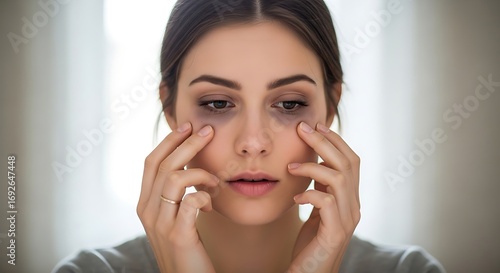 Woman Examining Swelling and Dark Circles Under Eyes Health and Wellness