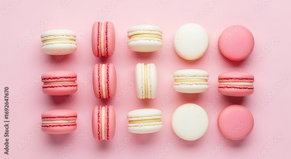 Delicious Pink and White Macarons on Pink Background - Flat Lay Food Photography Delicious Pink and White Macarons on Pink Background - Flat Lay Food Photography