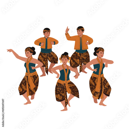 Vibrant Indonesian dancers perform a dynamic folk dance in traditional attire, joyfully showcasing cultural expression and energetic physical fitness in a clean 2D vector illustration.