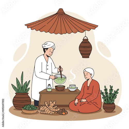 A tabib expertly prepares a soothing jamu herbal tonic using fresh ginger and turmeric, a patient attentively observes this traditional healing process in a vibrant 2D flat vector illustration.