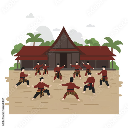 Pencak Silat, Indonesian martial arts, is depicted by a group in a flat 2D vector illustration, practicing in a village square, highlighting physical discipline and cultural heritage.