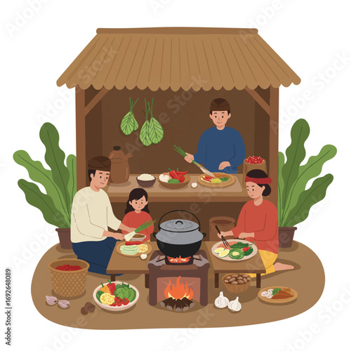 Mother, father, and child, an Indonesian family, prepare a healthy traditional meal in a rustic open-air kitchen with fresh ingredients, a clean flat 2D vector scene.