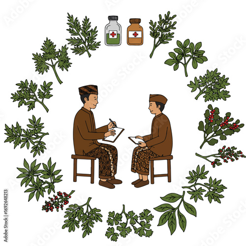 Traditional Indonesian healer, a dukun, respectfully consults a patient in this flat 2D vector illustration, surrounded by local medicinal herbs and plants, symbolizing a cultural approach to health.