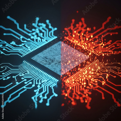 Minimalist Art of microchip electronic circuits and components, neon wires data flow futuristic technology