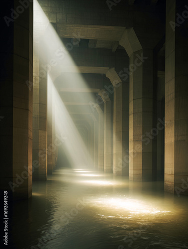 Dramatic view of the interior structure of a hydroelectric dam showcasing light reflections on water