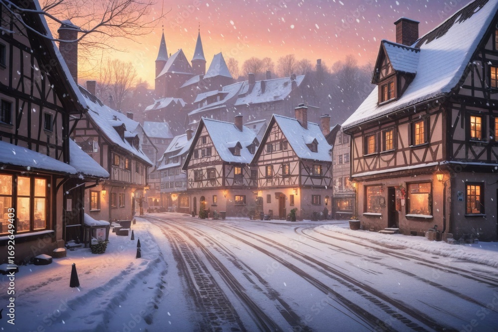 Naklejka premium Winterliches verschneites Dorf mit Fachwerkhäusern, beleuchteten Fenstern und Kopfsteinpflasterstraße, idyllische Atmosphäre bei Dämmerung, Weihnachtsstimmung in einer historischen Kleinstadt