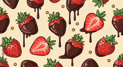 Strawberry in Chocolate Seamless Pattern - Sweet Fondue Snack with Summer Berries