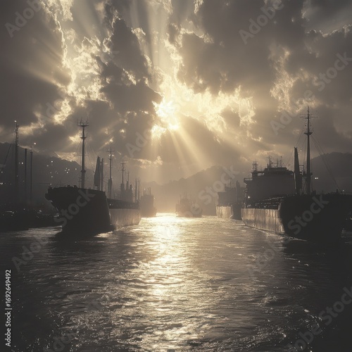 Sunbeams illuminate cargo ships at sunset.