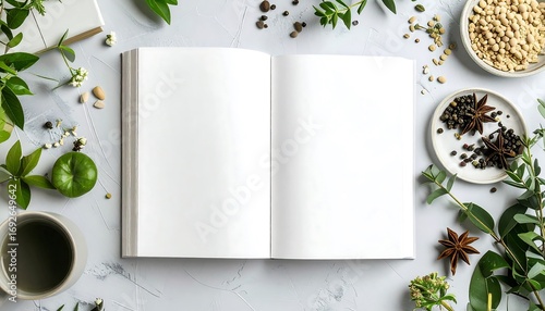 Fototapeta Naklejka Na Ścianę i Meble -  Open book surrounded by greenery and spices