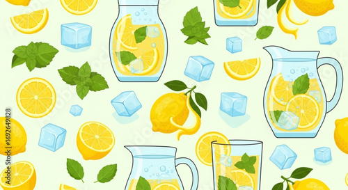 Homemade Lemonade Seamless Pattern with Lemons, Ice Cubes, and Mint Leaves