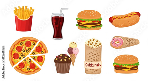 Fast Junk Food Set Flat Vector Illustration: Burgers, Fries, Pizza, and More