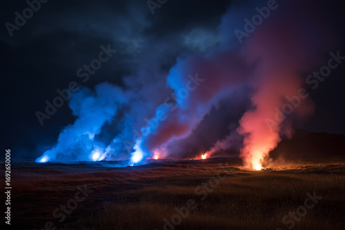 Geothermal vents erupting in vibrant colors create a stunning display at night in a remote landscape