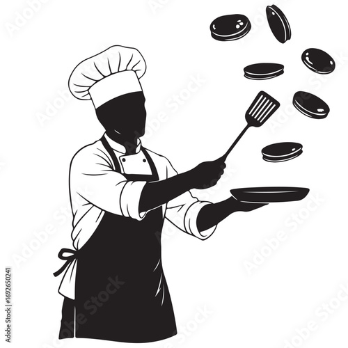 Chef Tossing Pancakes with Spatula and Pan - Silhouette Illustration