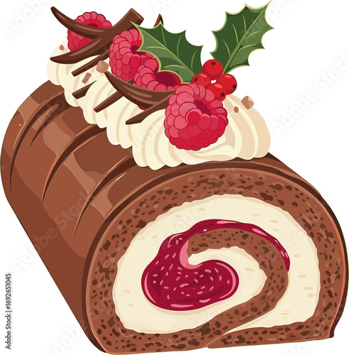 Christmas Chocolate Roll Cake with Berries and Holly