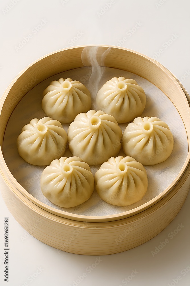 Fototapeta premium Steaming hot dumplings in a bamboo steamer basket