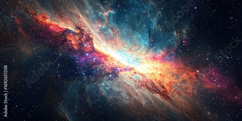 A galactic rift glowing with intense color and scattered cosmic light