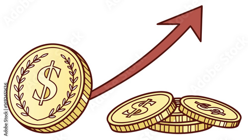 Gold coins with dollar signs and a red arrow pointing upwards symbolizing financial growth and success