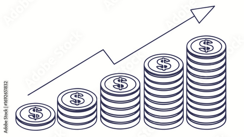 Illustration of increasing stacks of coins with a rising arrow graph symbolizing financial growth and success