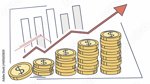 Illustration of increasing stacks of gold coins and a rising red arrow graph symbolizing financial growth