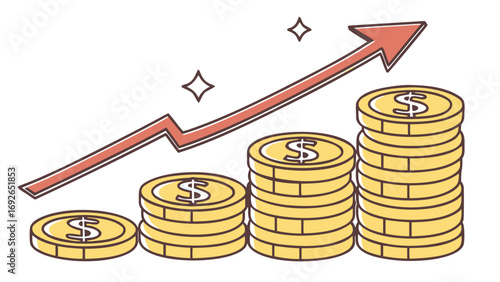 Illustration of increasing stacks of gold coins with a red arrow pointing upwards indicating financial growth and success