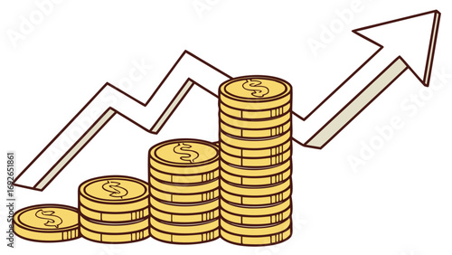 Illustration of increasing stacks of gold coins with a rising arrow graph symbolizing financial growth and success