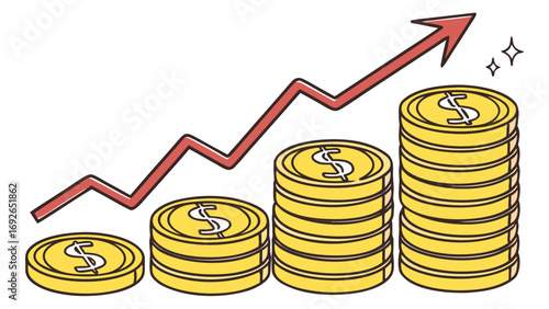 Illustration of increasing stacks of gold coins with a red upward trending arrow and sparkling stars