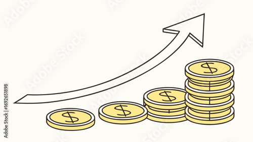 Illustration of increasing stacks of gold coins with a rising arrow symbolizing financial growth and success