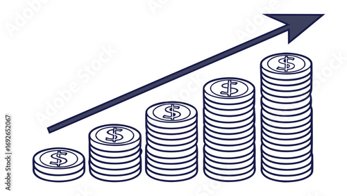 Increasing stacks of dollar coins with an upward trending arrow symbolizing financial growth and investment success