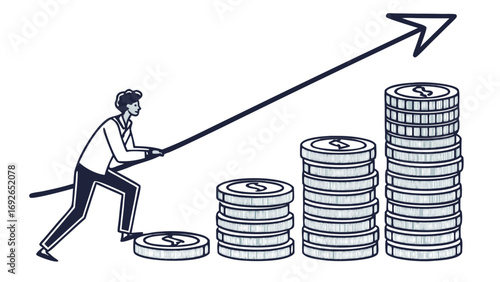 Man pushing a pole to increase stacked coins and upward arrow symbolizing financial growth