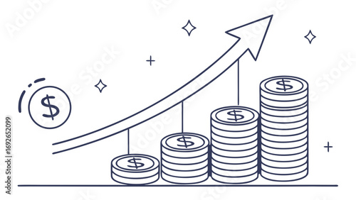 Simple hand drawn illustration of increasing stacks of dollar coins with an upward trending arrow representing financial growth