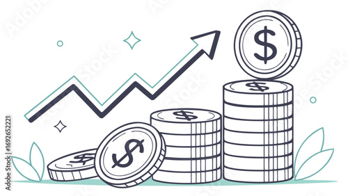 Stylized illustration of growing stacks of dollar coins and an upward trending arrow representing financial success