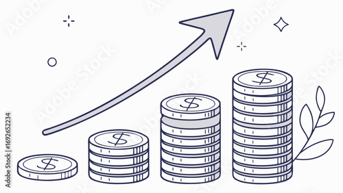 Stylized illustration of growing stacks of dollar coins with an upward trending arrow symbolizing financial growth and success