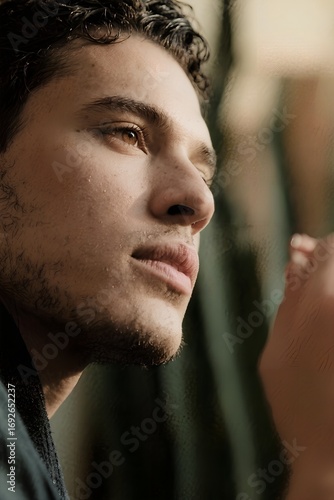 Young Man Looking Out A Window Deep In Thought