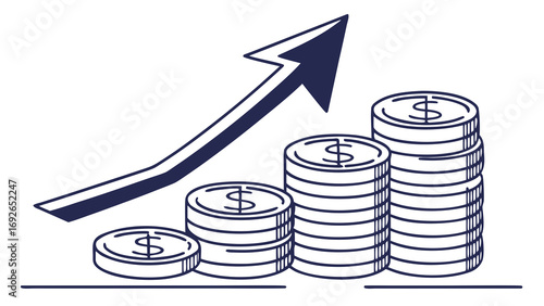 Stylized illustration of increasing coin stacks with an upward trending arrow symbolizing financial growth and success