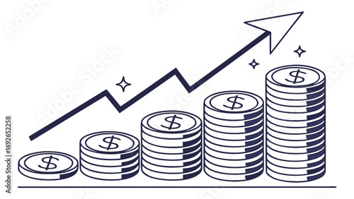 Stylized illustration of increasing coin stacks with a rising arrow graph symbolizing financial growth and success