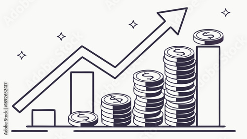 Stylized illustration of rising stacks of coins and an upward trending arrow representing financial growth and success