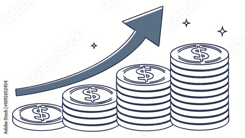 Stylized illustration of rising stacks of dollar coins with an upward trending arrow symbolizing financial growth and success