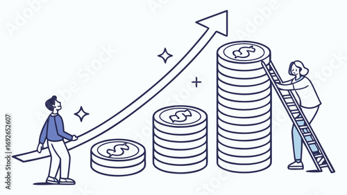 Two people climbing ladders and reaching for stacks of coins symbolizing financial growth and success
