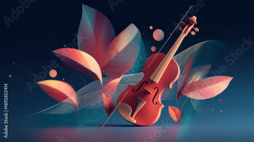Violin with abstract floral leaves and flowing lines on dark background. AI generative