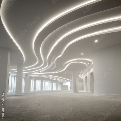 Abstract LED arcs flowing across the ceiling of a white architectural space