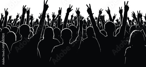 Crowd silhouette, concert audience, raised hands, peace signs, music festival, live performance, energetic crowd, vector illustration, black and white, people cheering, celebration, 