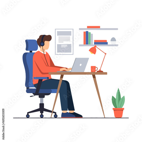 Modern Professional Focused on Digital Tasks at Home Office, Engaged in Remote Work or Online Learning, Utilizing Technology for Productivity and Creative Endeavors