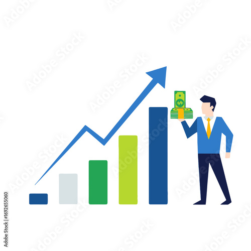 Abstract illustration visualizing successful financial strategy, depicting a professional with capital gains and a progressive upward trend graph