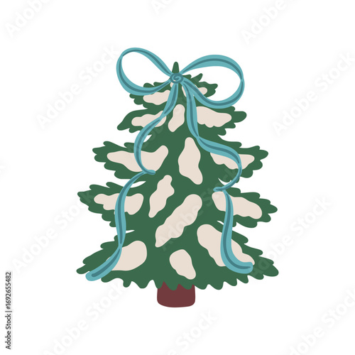 Snowy Christmas tree with blue ribbon bow on top. Flat vector illustration isolated on white background. Winter holiday and New Year celebration. Design for greeting card, invitation, poster, print