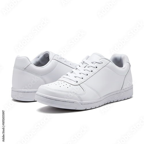 white gym shoes for pe class, slip resistant rubber sole, isolated on white background
