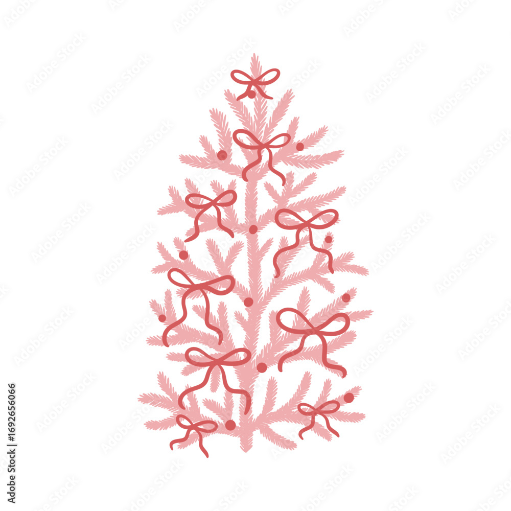 Fototapeta premium Stylized pink Christmas tree with red bows. Minimalist hand drawn vector illustration on white background. Winter holiday and New Year celebration. Design for greeting card, invitation, print, poster.