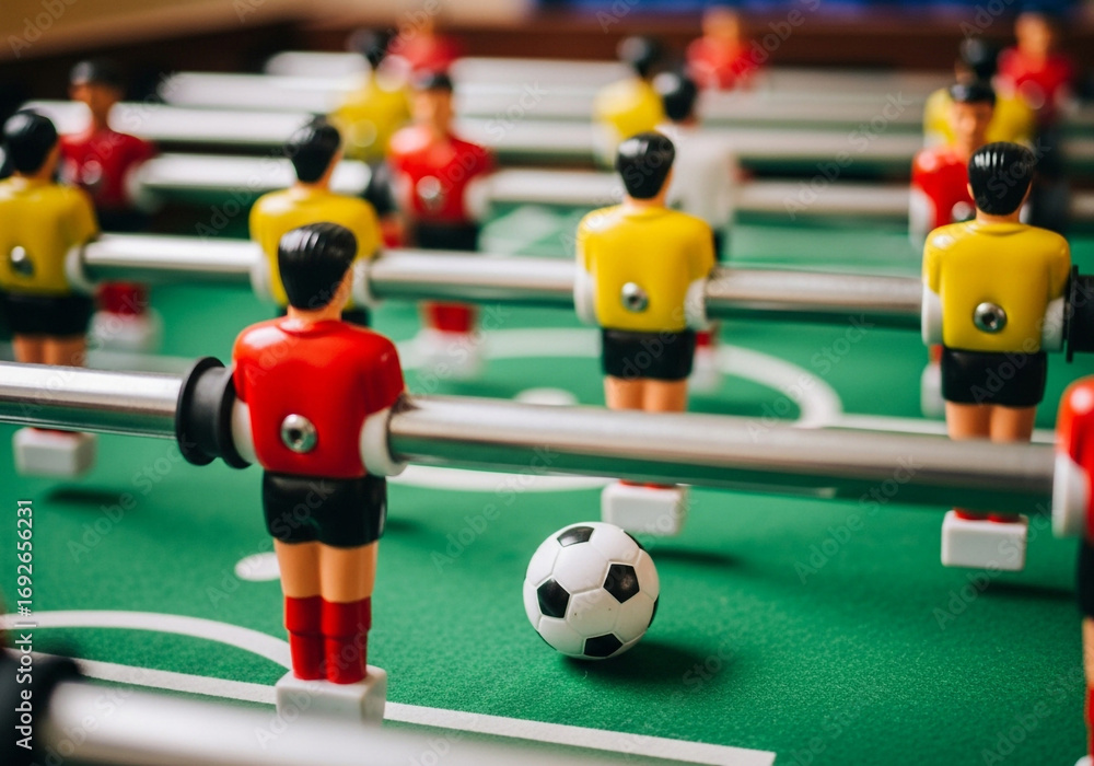 Fototapeta premium Closeup of foosball players and ball on a green table