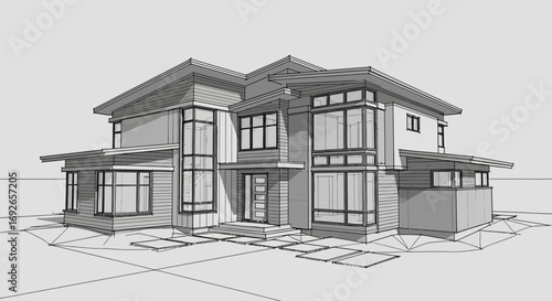 Architectural sketch and 3D render of a new residential house with a modern facade, windows, and roof, perfect for real estate and construction design