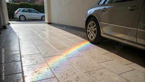 Car parked on driveway with rainbow reflection on tiled surface